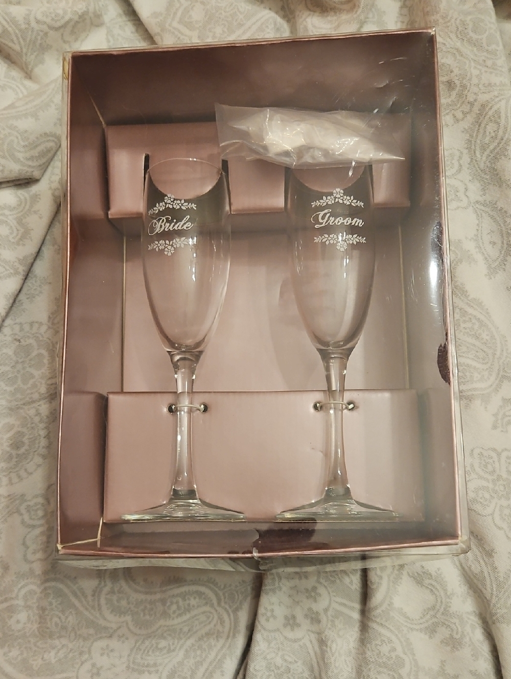 Bride & Groom Champagne Flutes - Clear Glass with White Design Plus Bows